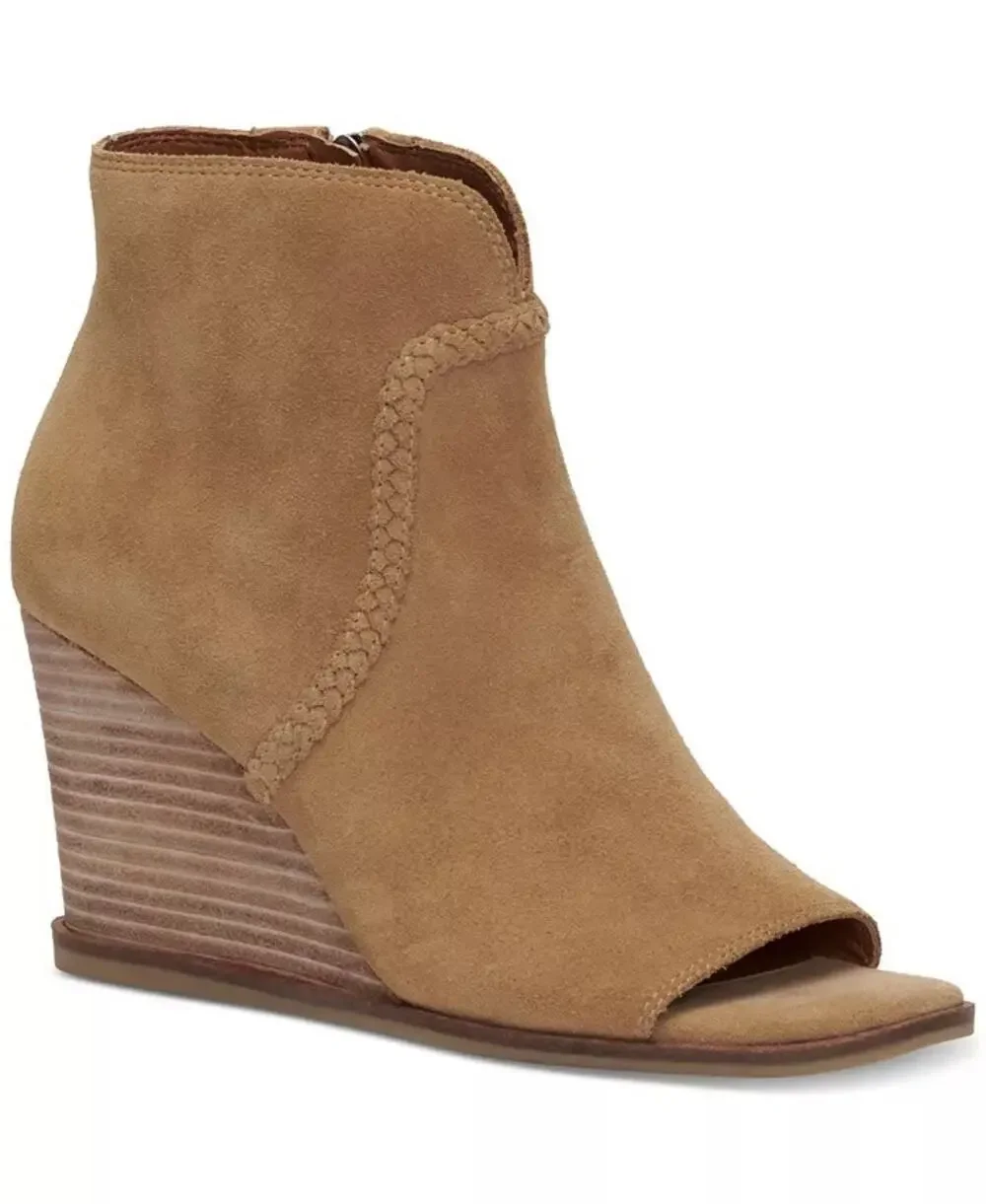 Lucky Brand Womens Lureli Wedge Booties Size 7.5 Tan Peep Toe Suede NWOB